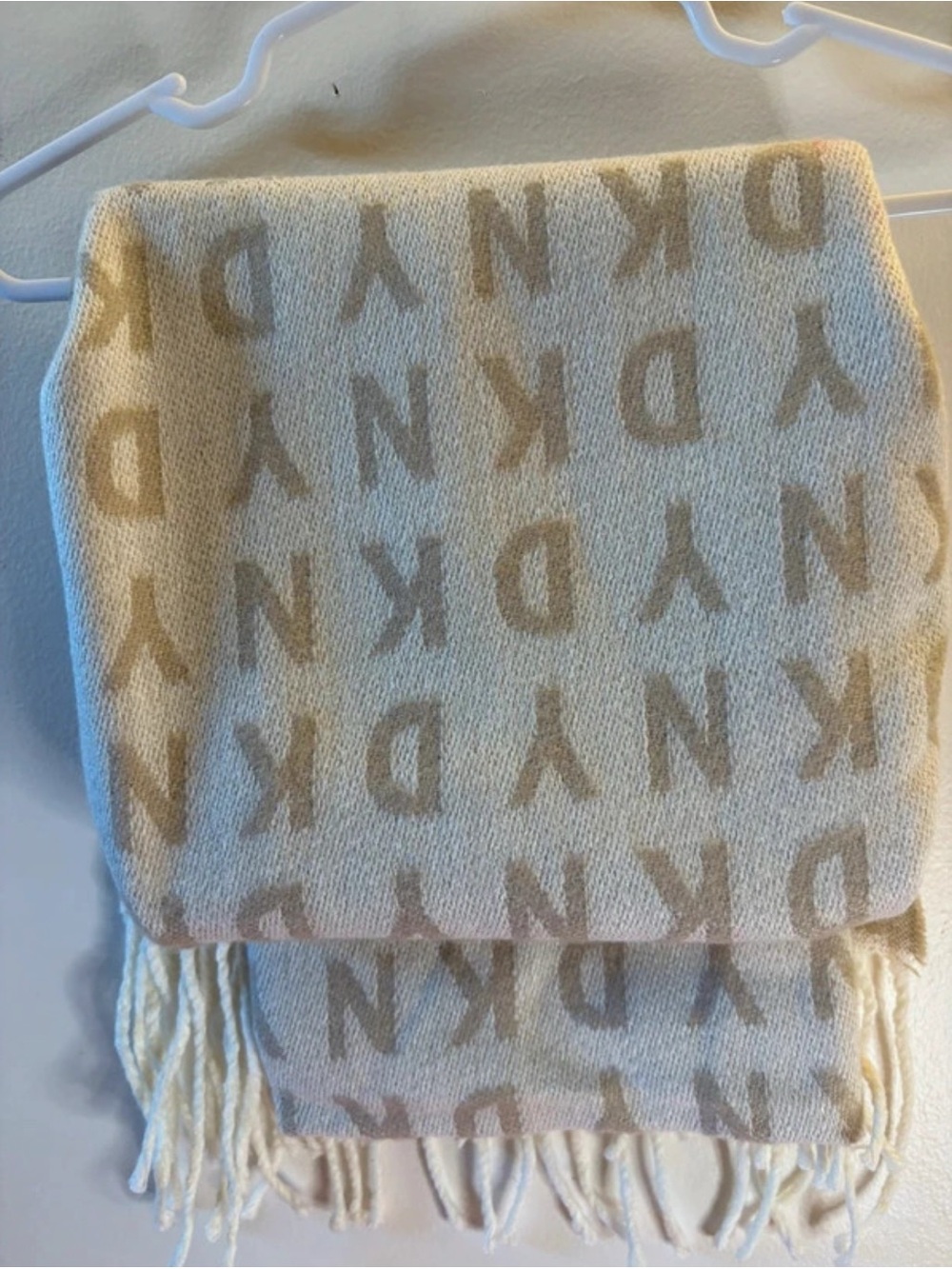 DKNY Cream and Tan Logo Fringe Scarf